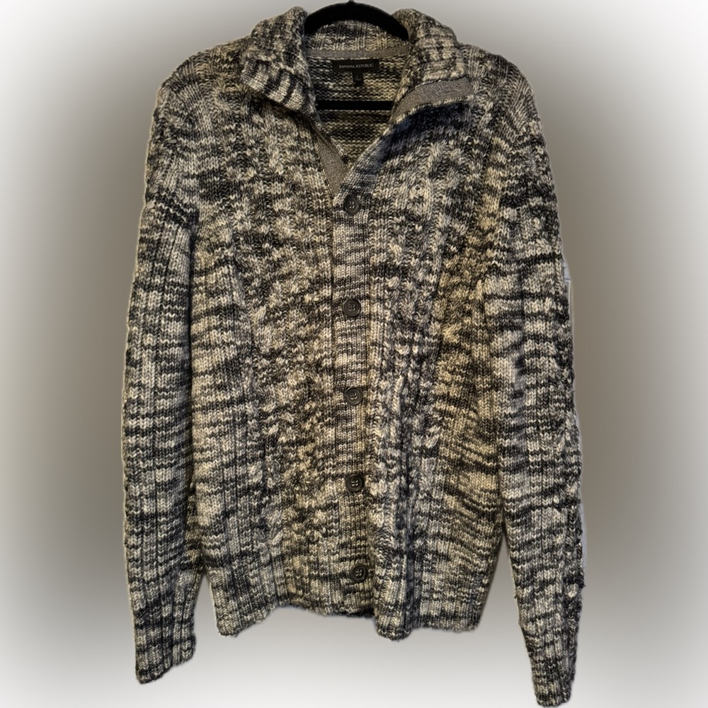 Banana Republic Men’s Sz Large Gray Multi Button-Up Heavy Wool/Cotton Sweater